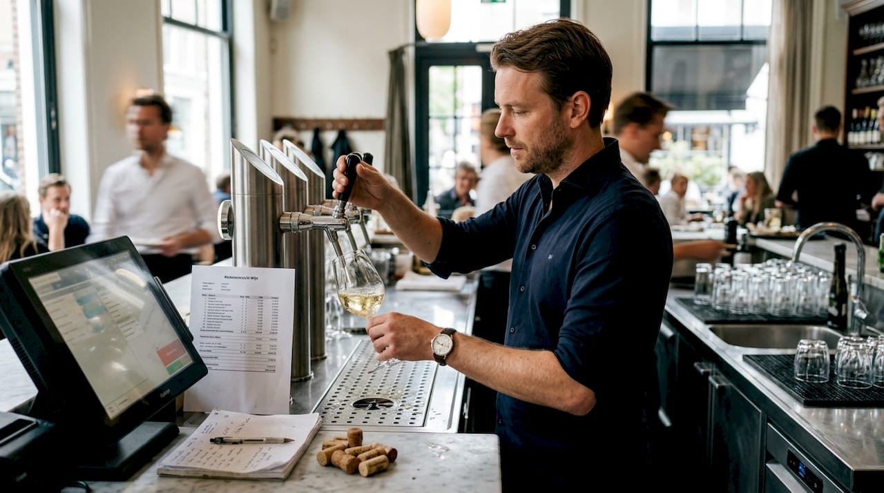 Achter de bar tapt de bedrijfsleider een glas wijn voor de gasten.