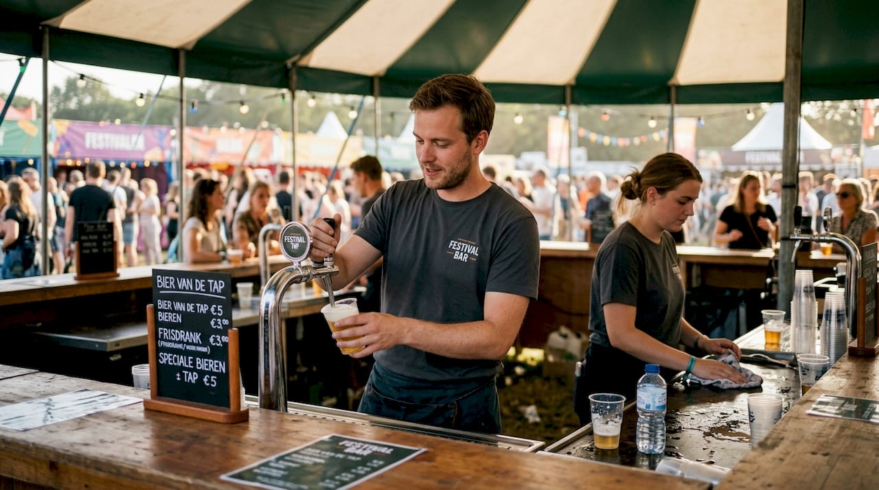 Barmedewerkers die tijdens een druk festival achter de bar staan te knallen