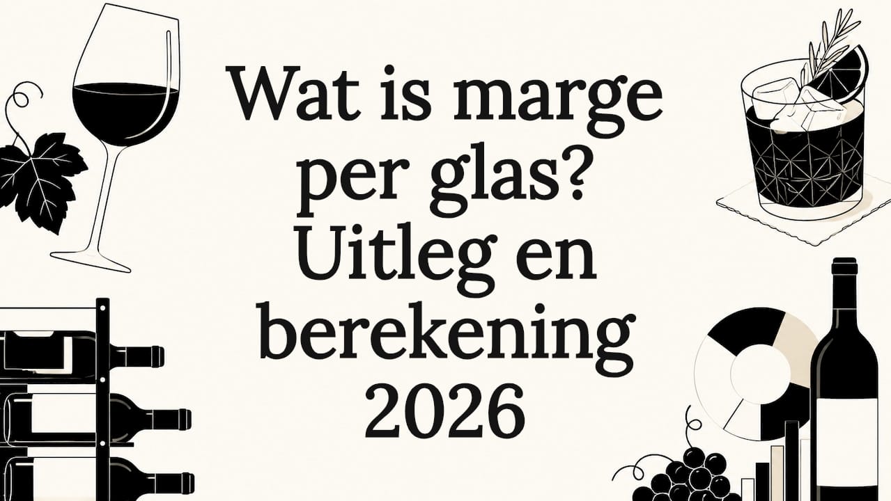 Sfeervolle illustratie met wijnglazen en marge-iconen rond de titel