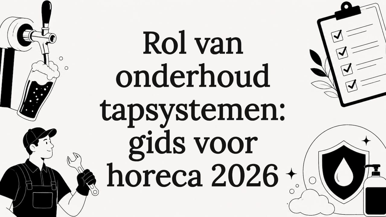 Sfeervolle titelkaart met illustraties van een tapsysteem en onderhoudspictogrammen