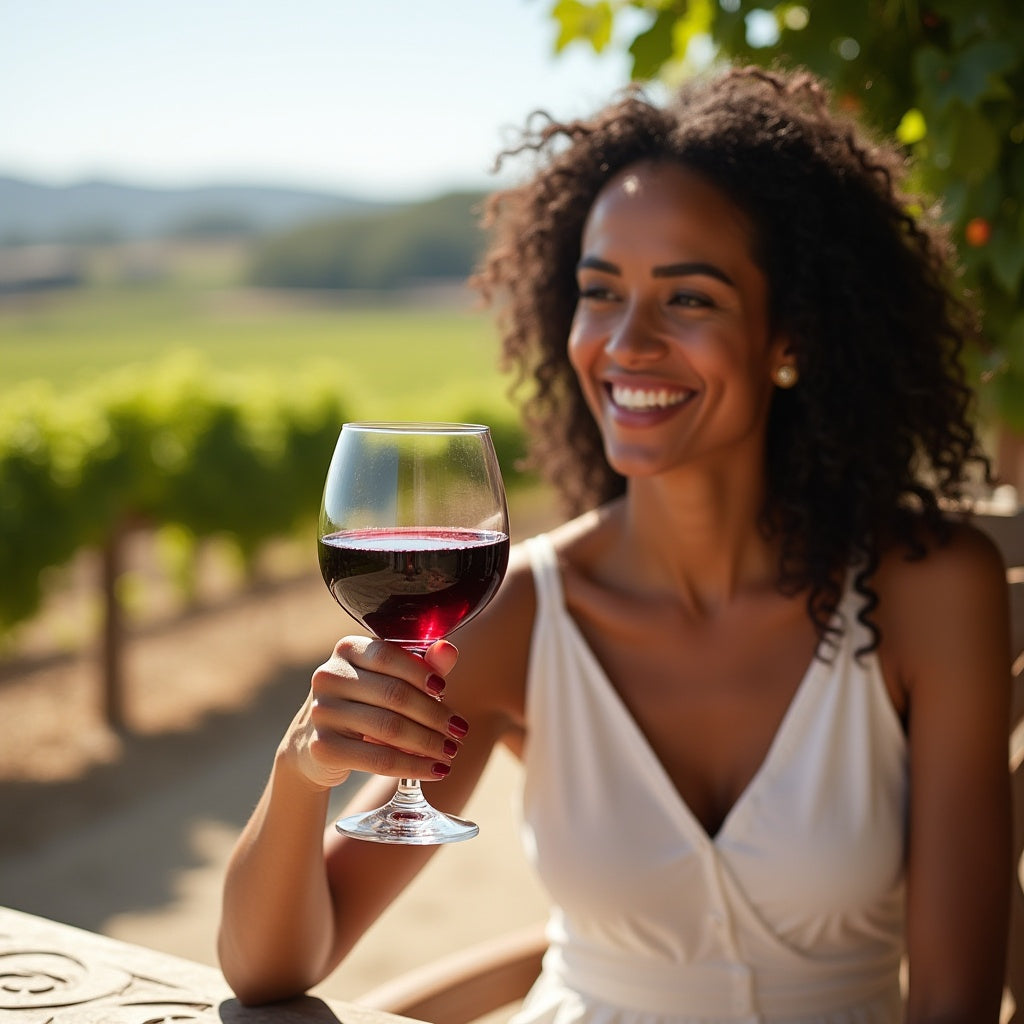 Dame met glas rode wijn zittend in de zon aan de rand van een wijnrank